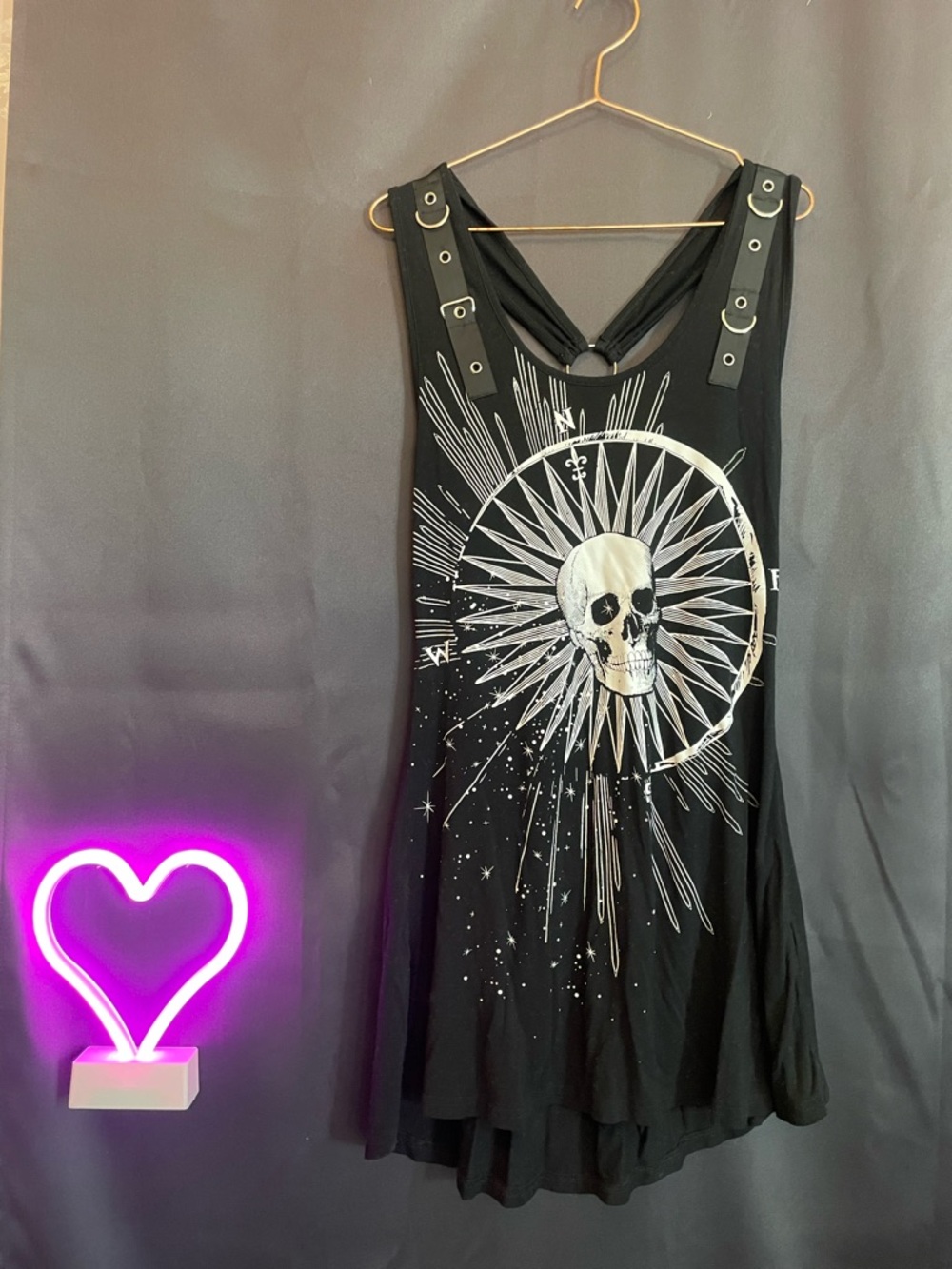 Jawbreaker Black Skull Sunburst Mini Dress with Buckle Straps goth chic layering